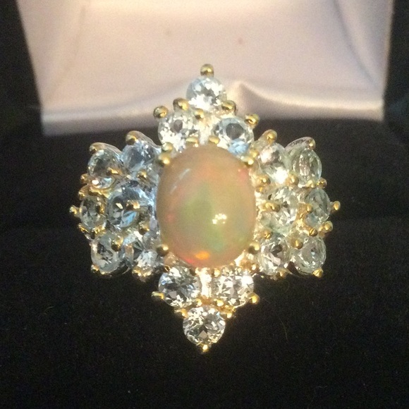 Genuine Natural Fire Opal & Aquamarine Ring, 9mm by 7mm - Picture 2 of 15